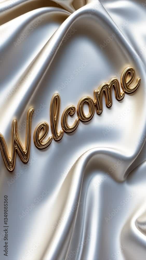 Luxury gold Welcome word on satin fabric background. Greeting text for events, website, wedding and hospitality business