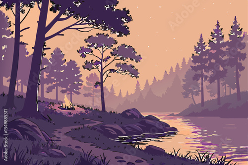 60 Serene lakeside sunset, misty forest silhouettes, colorful twilight sky, starry night reflections, rocky shoreline, calm water surface, campfire glow, ethereal atmosphere, magical landscape, dreamy