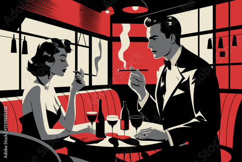 Stylish Vintage Couple Enjoying Drinks in a Classic Red and Black Bar Scene
