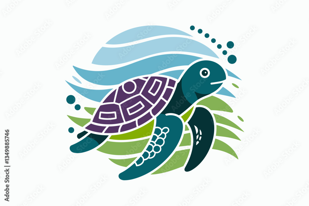 Naklejka premium Stylized Sea Turtle Swimming Through Colorful Waves in Ocean Tones