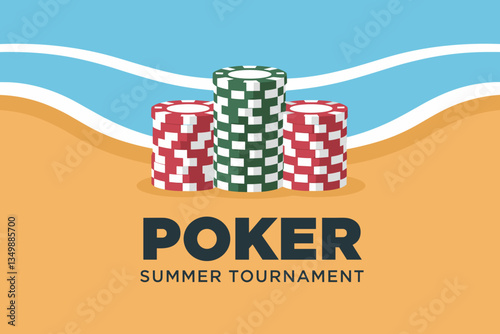 Vibrant Poker Summer Tournament Illustration with Colorful Chips on a Beach Background