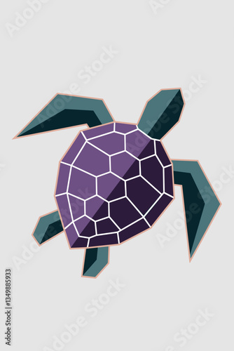 Stylized Geometric Turtle Illustration in Shades of Purple and Green