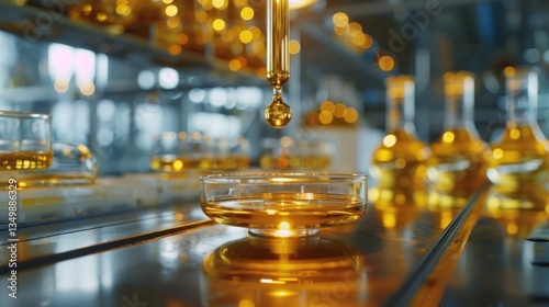 Closeup chemical oil dropping at laboratory and science experiment industry products. Generated AI