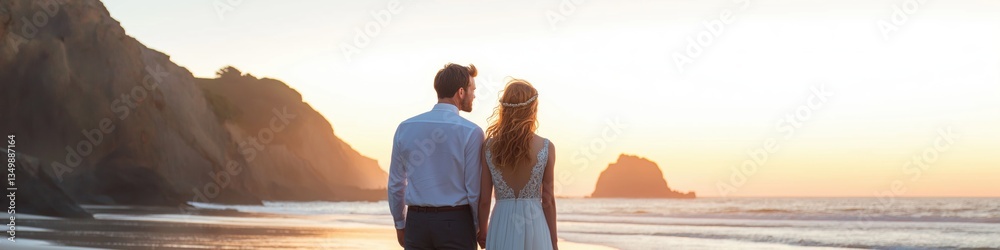 Fototapeta premium A couple standing on a beach at sunset. The man is wearing a blue shirt and the woman is wearing a white dress