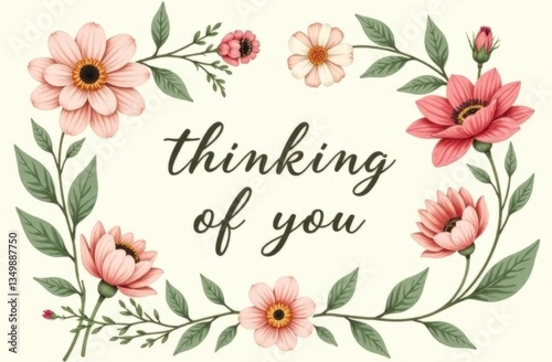 A vintage-inspired card with pressed flowers and botanical illustrations.  'Thinking of You' written in elegant cursive script at the center.