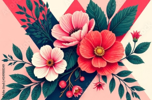 Postcard modern design geometric shapes with  floral illustrations