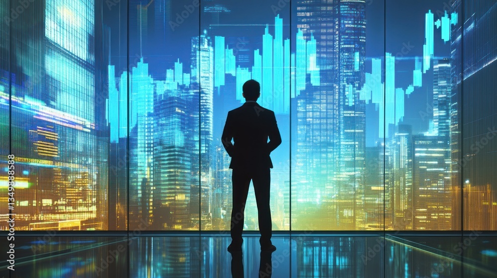 Night Cityscape, Businessman Contemplating Financial Market Trends Night Cityscape, Businessman Contemplating Financial Market Trends