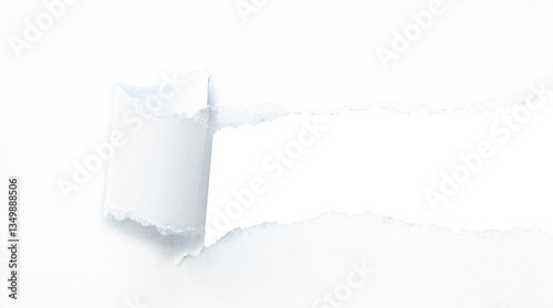 Paper banner with torn hole and rolled edge. Realistic picture of ripped and folded strip or piece of notepad or cardboard page sheet with frame for text. Broken scrap with curled fragment.
