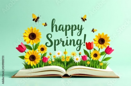 card with the text 'Happy Spring!'  Bright sunflowers, daisies, and tulips seem to leap off the page, surrounded by butterflies and bees. 