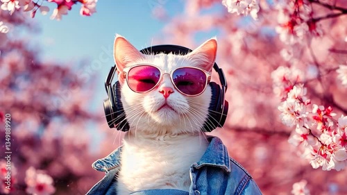 Cat in headphones and sunglasses among cherry blossoms