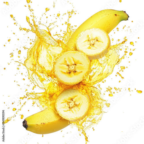 A splash of yellow liquid surrounds bananas on a gray background, creating a vibrant and dynamic visual effect.