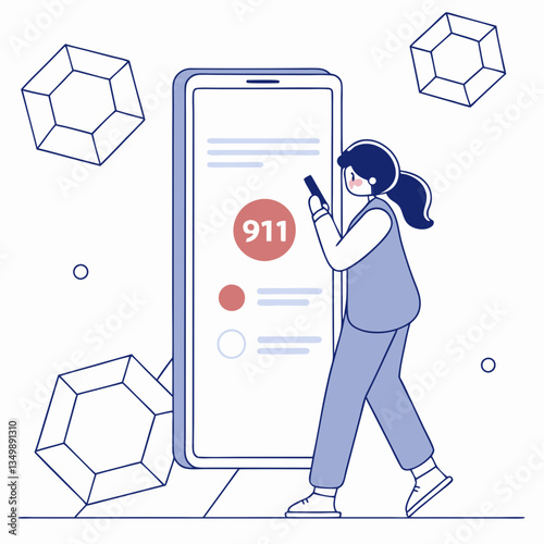 Woman holding phone next to large screen displaying 911 emergency call interface. Minimalist style with abstract shapes in background. Concept of urgency