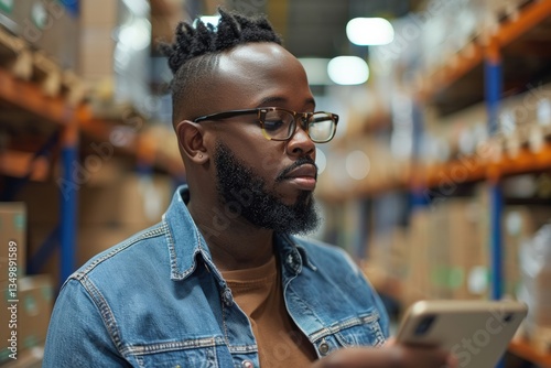 Warehouse worker wearing denim jacket and glasses using a digital device for inventory tracking, standing among tall storage shelves filled with packages, focusing on shipment management...