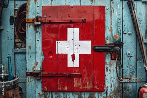 Warehouse emergency exit with bold red metal door displaying first aid cross symbol, surrounded by aged blue wooden walls with rusted metal details, creating an industrial safety theme.