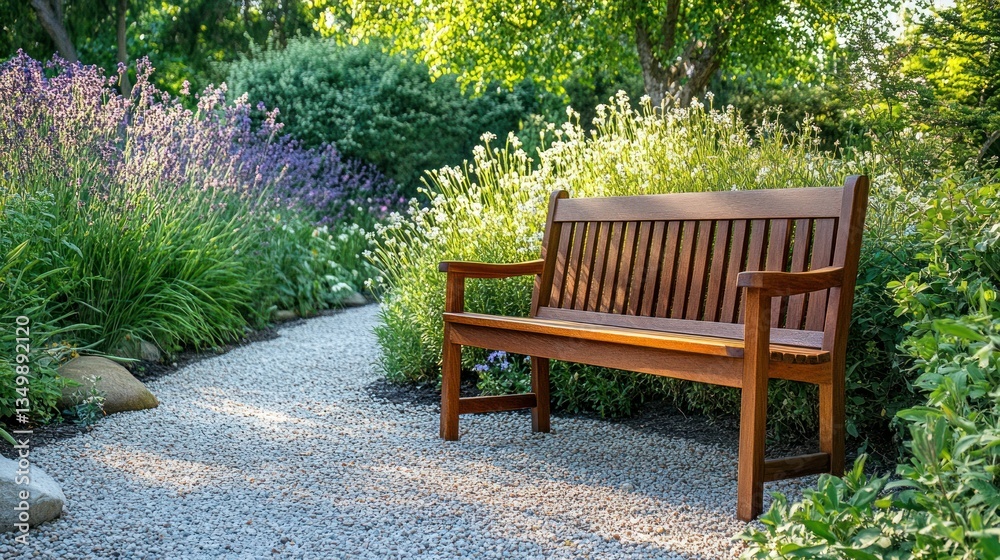 Wooden park bench in garden path, lavender, and flowers Wooden park bench in garden path, lavender, and flowers