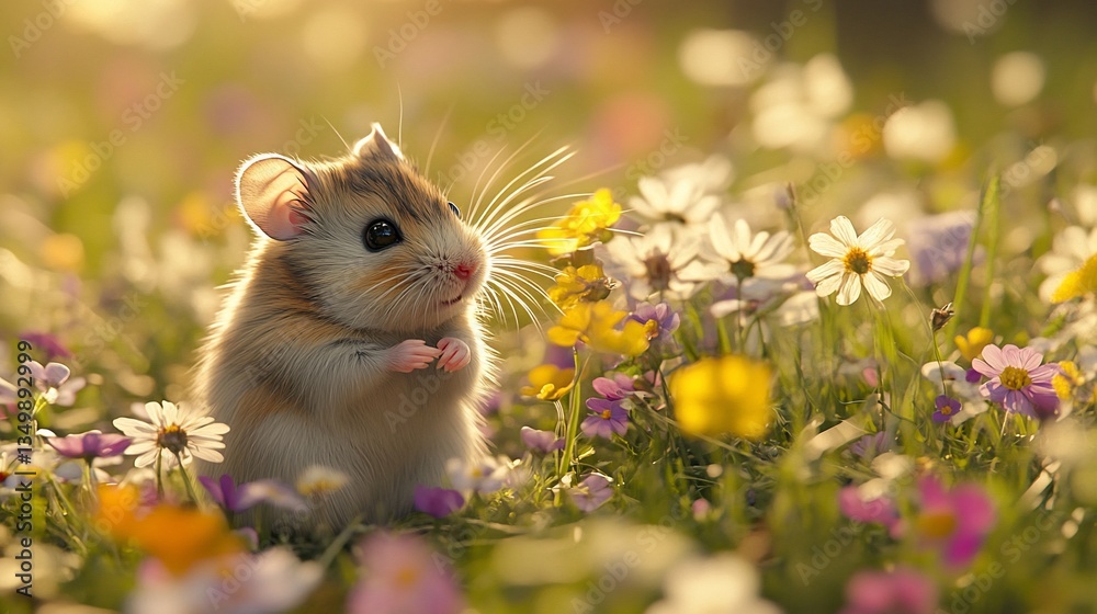 Hamster sits upright in field of wildflowers, backlit by golden sunshine Hamster sits upright in field of wildflowers, backlit by golden sunshine