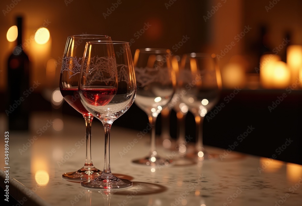 close view elegant wine glasses illuminated soft dim lighting highlighting their shapes textures, beverage, crystal, elegance, stemware, drink, color close view elegant wine glasses illuminated soft dim lighting highlighting their shapes textures, beverage, crystal, elegance, stemware, drink, color