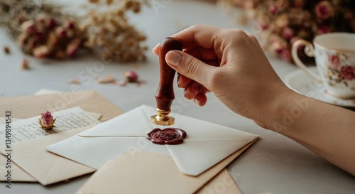 Hand sealing envelope with wax stamp, vintage writing