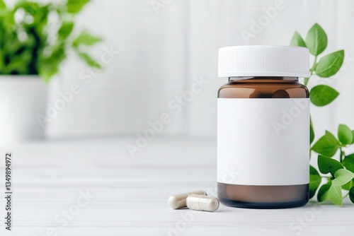 Brown pill bottle with blank label and capsules on white surface with green plant background