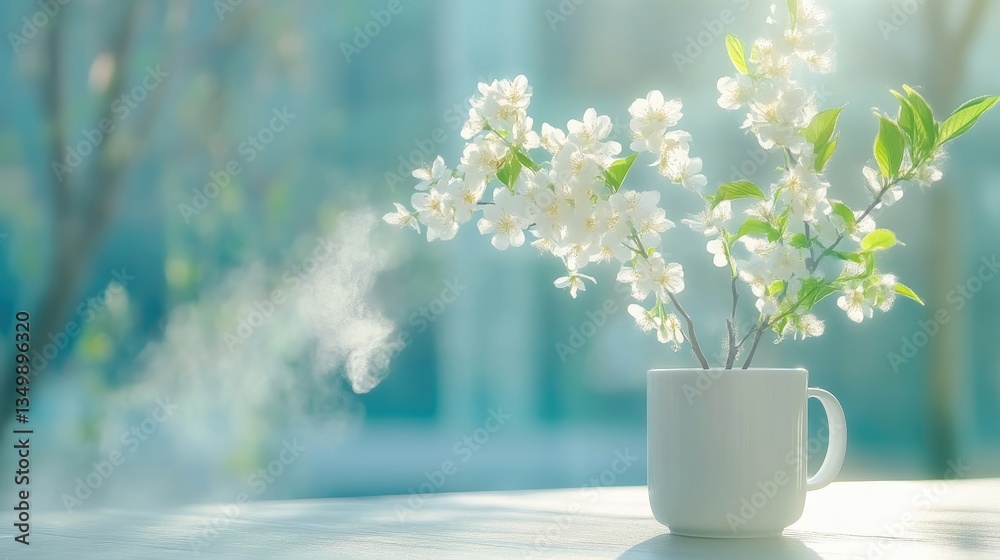 Fototapeta premium White spring blossoms in a ceramic mug stand on a table with rising steam in bright morning sunlight.