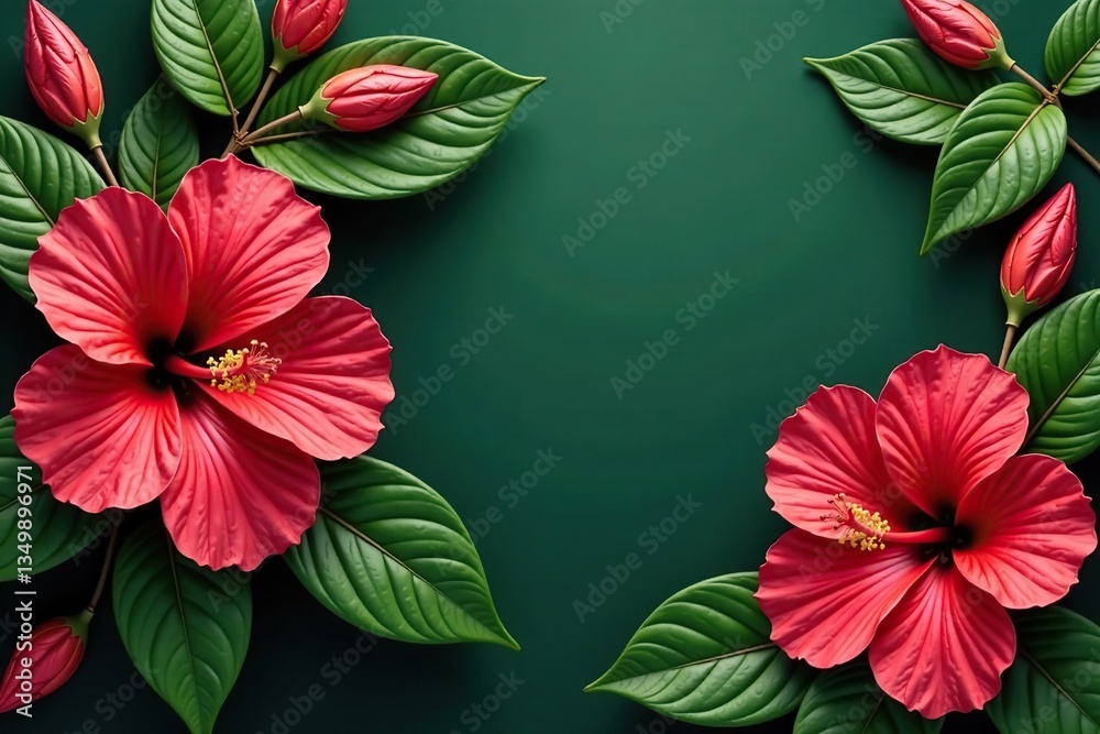 Fototapeta premium Bold hibiscus motifs, lush green foliage, elegant symmetrical arrangement , flowers, floral arrangement, graphic