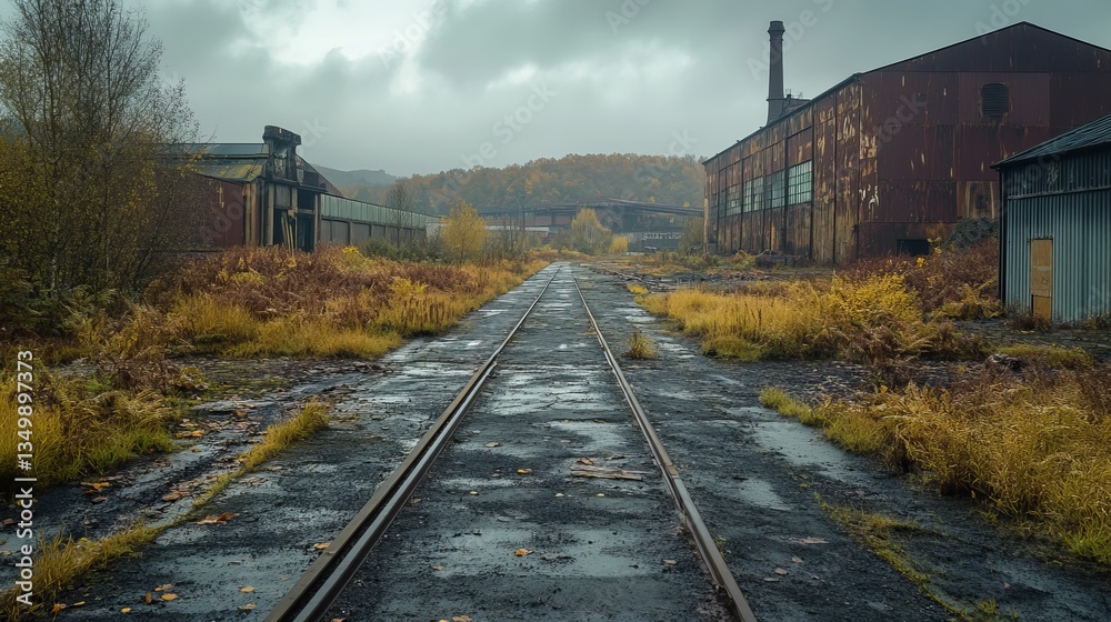 Obraz premium A Road Winds Through the Remnants of a Former Steelworks Site, Where Industry Meets Nature in a Stark Landscape