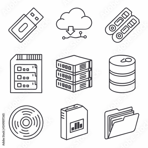 Storage technology thin line icon set. Containing memory card, big data server, flash disk, cloud computing, chips, hard disk drive, database folder