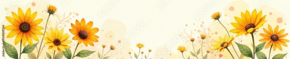Obraz premium Delicate watercolor blooms of daisies and sunflowers in shades of yellow and orange, daisies, yellow