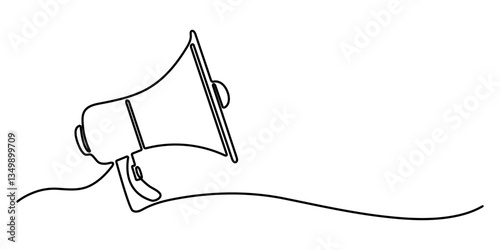 Megaphone Continuous Line Icon, Line art megaphone announcement, one continuous single line drawing of hand hold a speaker megaphone isolated, Outline style Vector illustration.