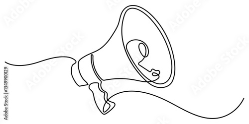 Megaphone Continuous Line Icon, Line art megaphone announcement, one continuous single line drawing of hand hold a speaker megaphone isolated, Outline style Vector illustration.
