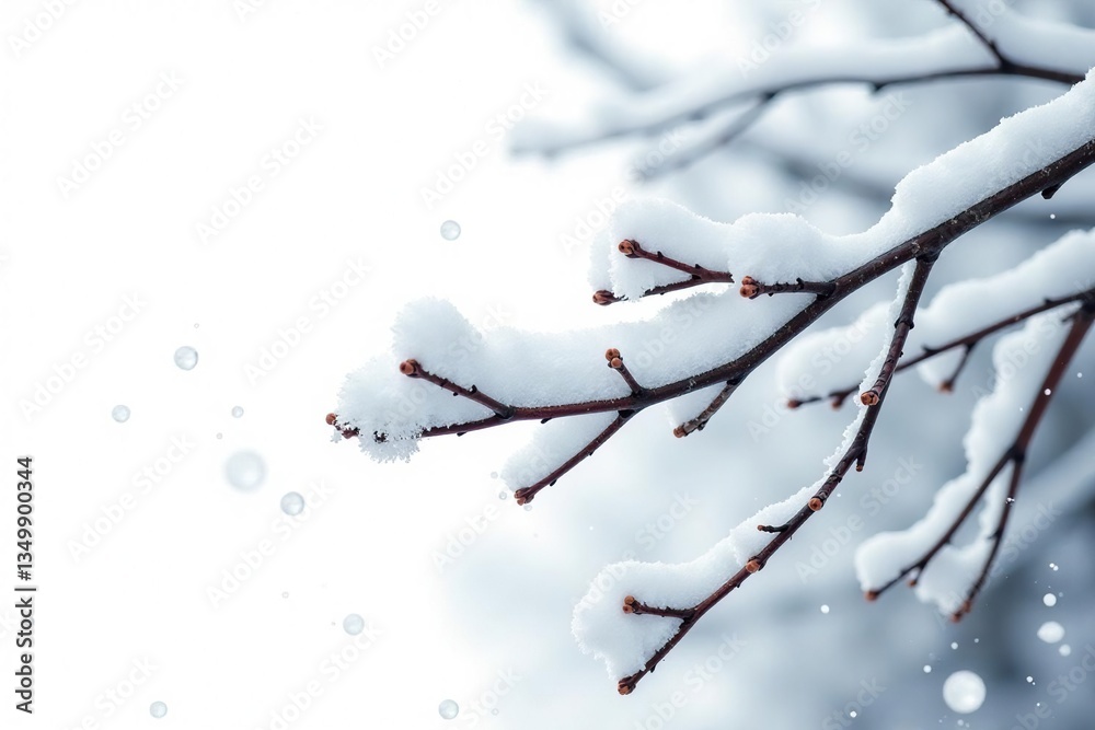 Snowy tree branch isolated on white background, serene, branches, snowflakes Snowy tree branch isolated on white background, serene, branches, snowflakes