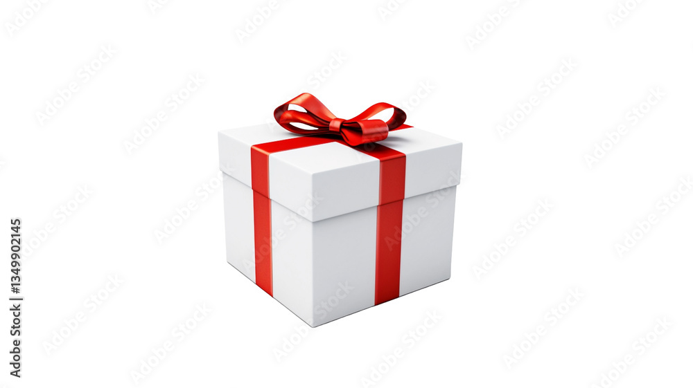 White gift box with red ribbon bow isolated on transparent background png.
White gift box with red ribbon bow isolated on transparent background png.