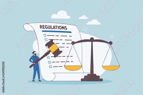 Regulations, law or rules, authority, legislation or government lawsuit, legal document justice or courthouse, verdict or punishment concept, businessman hold gavel with scale and regulation document.