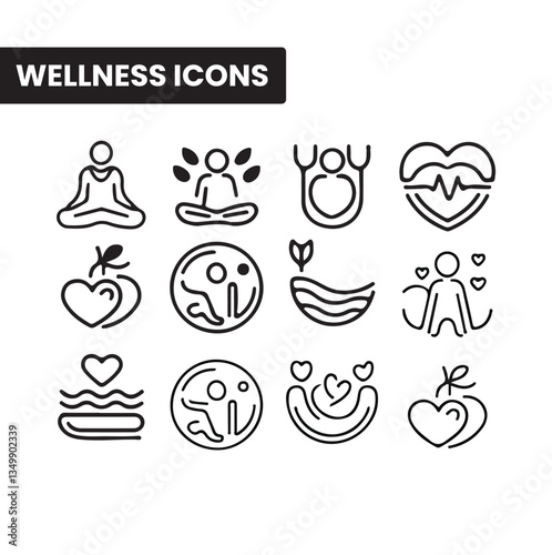 Minimalist Wellness Icons Health, Meditation, Yoga, and Well being Line Icons Set