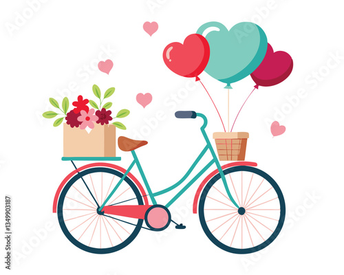 Romantic Bicycle with Flowers and Heart Balloons