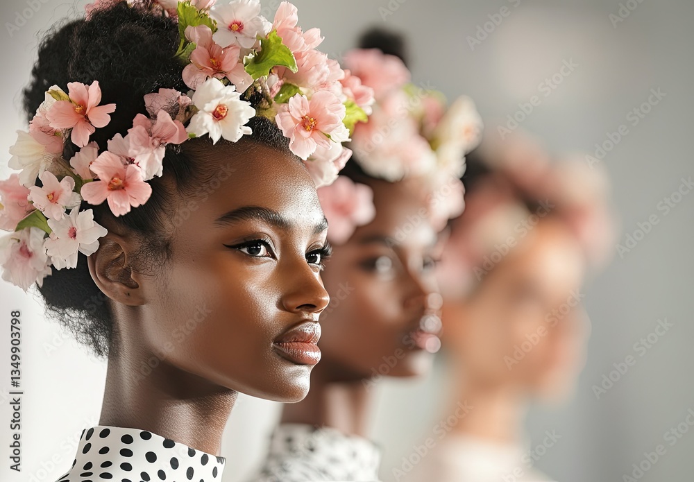 Obraz premium Close-up of multiple models walking on the runway, wearing white gowns with black polka dots and pink flowers in their hair, in a minimalist style