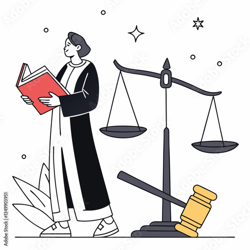 Judge man court worker character standing and holding book and hammer. Low justice people protection concept flat cartoon design graphic isolated illustration