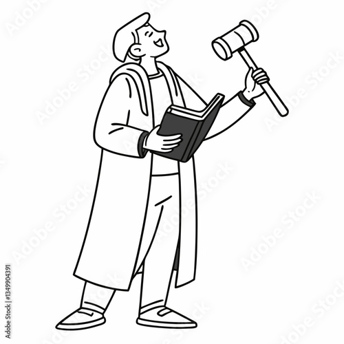 Judge man court worker character standing and holding book and hammer. Low justice people protection concept flat cartoon design graphic isolated illustration