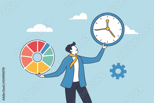 Time management, efficiency, productivity to finish work, delegation, finish tasks, prioritize responsibility, manage schedule, planning concept, businessman holding time clock with pie chart routine.