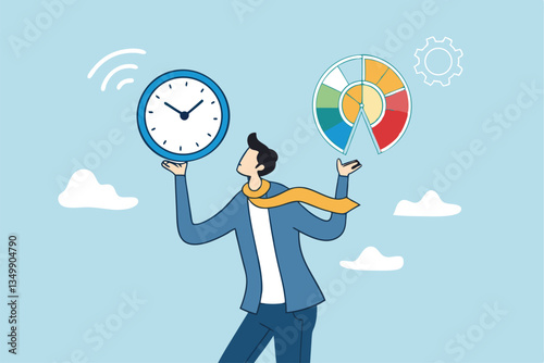 Time management, efficiency, productivity to finish work, delegation, finish tasks, prioritize responsibility, manage schedule, planning concept, businessman holding time clock with pie chart routine.