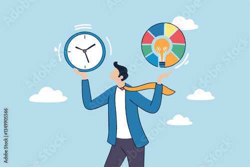 Time management, efficiency, productivity to finish work, delegation, finish tasks, prioritize responsibility, manage schedule, planning concept, businessman holding time clock with pie chart routine.