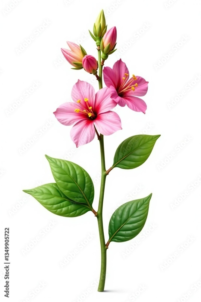 Single stem with leaves and flowers isolated on white background, botanical, plant Single stem with leaves and flowers isolated on white background, botanical, plant