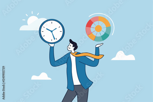Time management, efficiency, productivity to finish work, delegation, finish tasks, prioritize responsibility, manage schedule, planning concept, businessman holding time clock with pie chart routine.