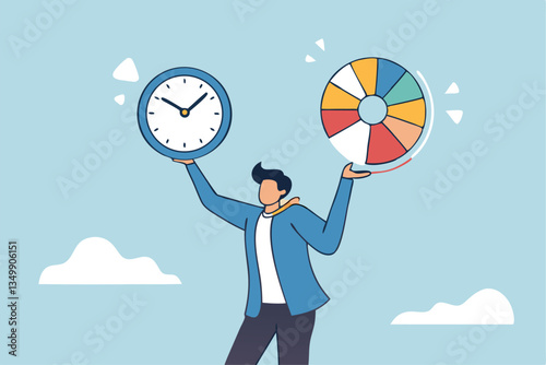 Time management, efficiency, productivity to finish work, delegation, finish tasks, prioritize responsibility, manage schedule, planning concept, businessman holding time clock with pie chart routine.