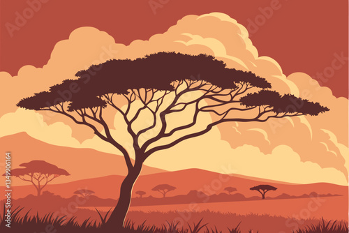 61 African savanna sunset, lone acacia tree silhouette, dramatic fiery sky, golden hour, expansive plains, distant hills, atmospheric clouds, vibrant orange and red hues, serene landscape, nature phot