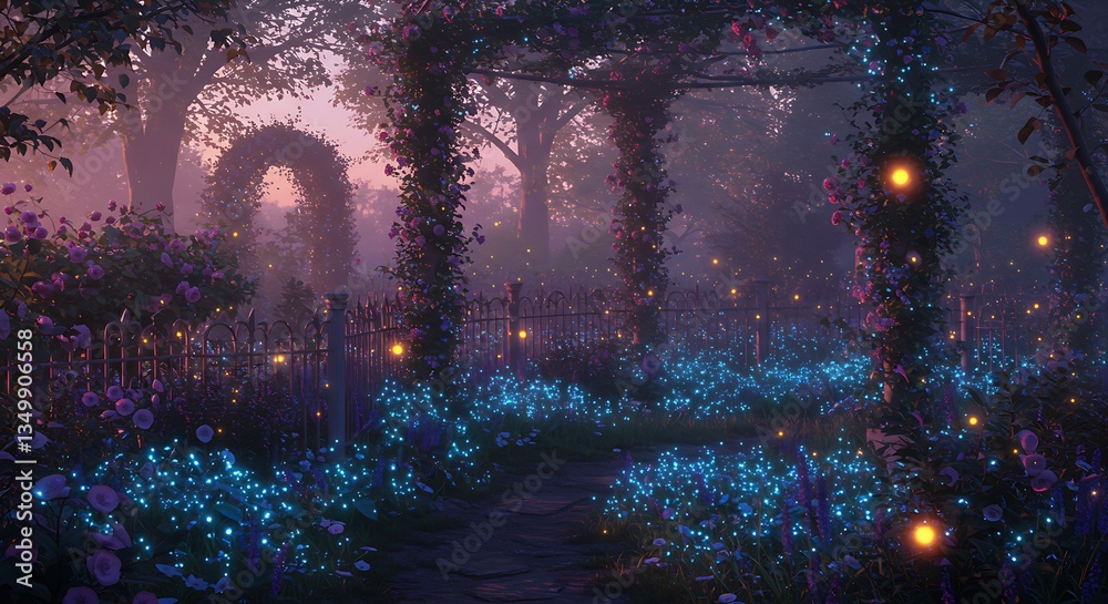 Fototapeta premium A fairytale-inspired garden, with bioluminescent blue flowers and soft pink fireflies glowing in the twilight.