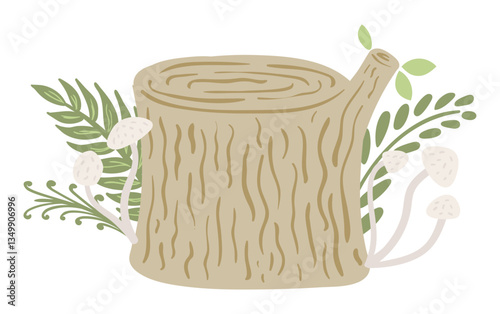 Cartoon tree stump with ferns, mushrooms hand drawn illustration. Scandinavian style flat design, isolated vector. Forest, woodland, park scene, landscape element. Kids clip art, spring, summer print