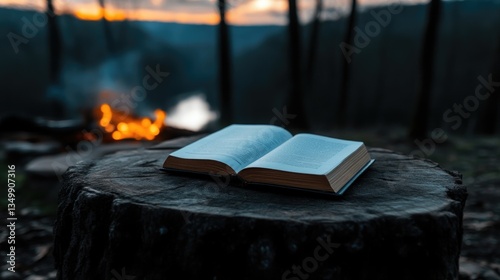 Open book on stump, campfire, forest