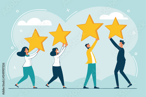 Employee survey, customer feedback rating or performance review, five stars service, best experience or feedback and engagement concept, business people employees holding 5 stars rating feedback.