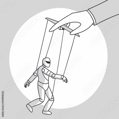 A hand controls a puppet with strings, symbolizing manipulation and control